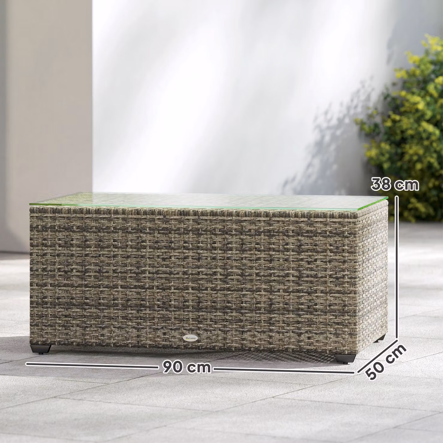 Outsunny Grey Rattan Garden Side Table with Glass Top, W: 90 cm, D: 50 cm, H: 38 cm – 3