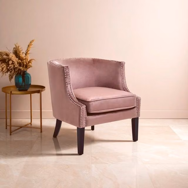Interiors by Premier Pink Velvet Tub Chair with Armrests and Solid Wood Frame – 1