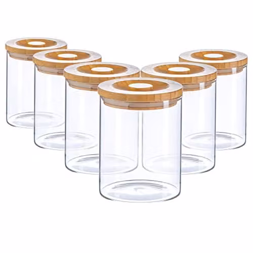 Argon Tableware Scandi Airtight Glass Storage Jars with Solid Wood Lids, 750ml, 6 Pack, Transparent