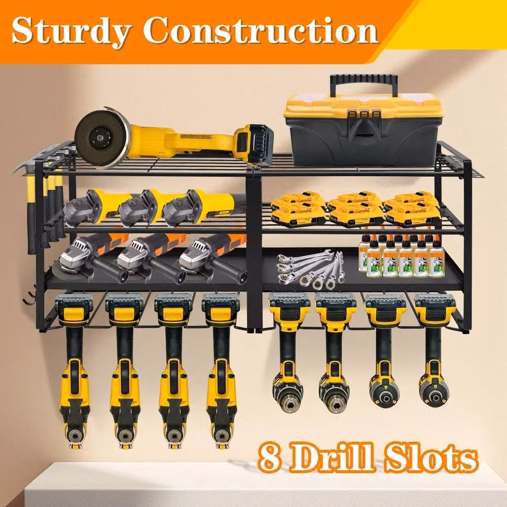 VOGREX 4-Tier Wall Mounted Power Tool Rack with 8 Drill Holders in Black – 2