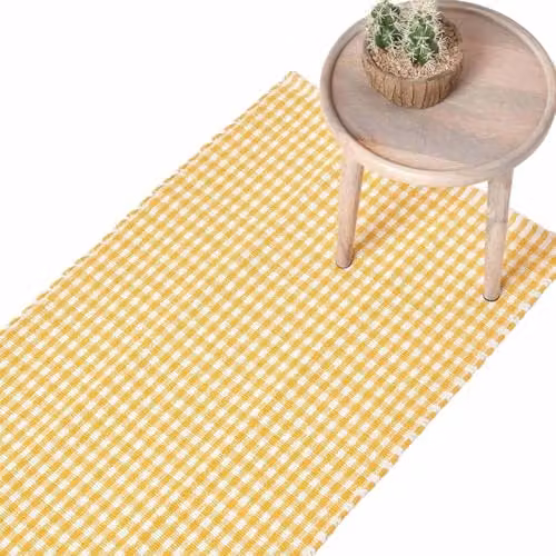 Homescapes Handwoven Cotton Gingham Check Hall Runner in Yellow and White, W/D/H: 66 x 200 cm