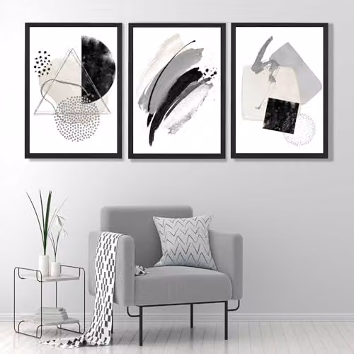 ARTZE Set of 3 Abstract Black and Grey Geometric Wall Art with Black Frames, W: 45 cm, H: 62 cm – 1