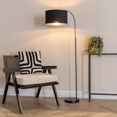 ValueLights Curva Black Arched Floor Lamp with Black Fabric and Chrome Inner Shade – 4