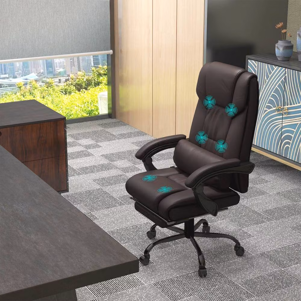 Rolipo Brown PU Leather Executive Office Chair with 6-Point Massage, Footrest and Headrest – 3
