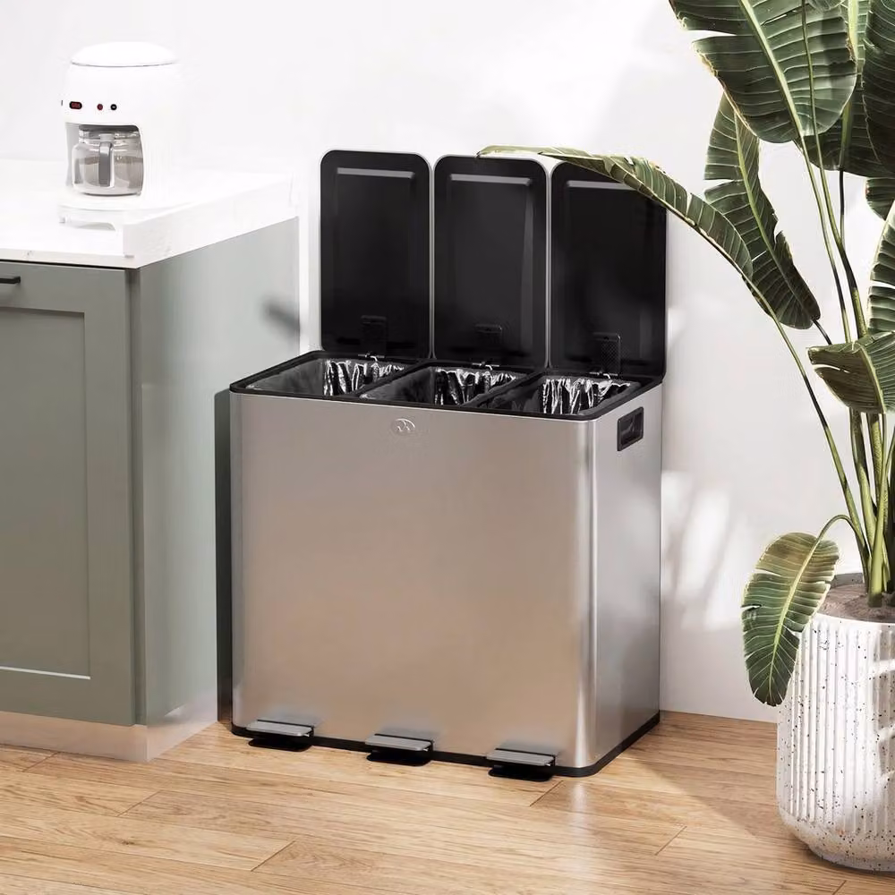 Ventryn Triple Kitchen Pedal Bin for Recycling and Waste, Silver, 3 x 15L – 4