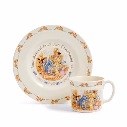 Royal Doulton Bunnykins Christening 2 Piece Plate and Mug Set in White and Multicolour Bone China