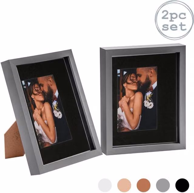 Nicola Spring Pack of 2 Rectangular 3D Box Photo Frames in Grey and Black with 4x6 inch Mount, W/H: 25.4 x 25.4 cm