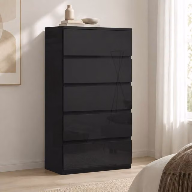 STILVORA Minimalist Black Glossy Chest of Drawers with 5 Soft-Close Drawers – 1