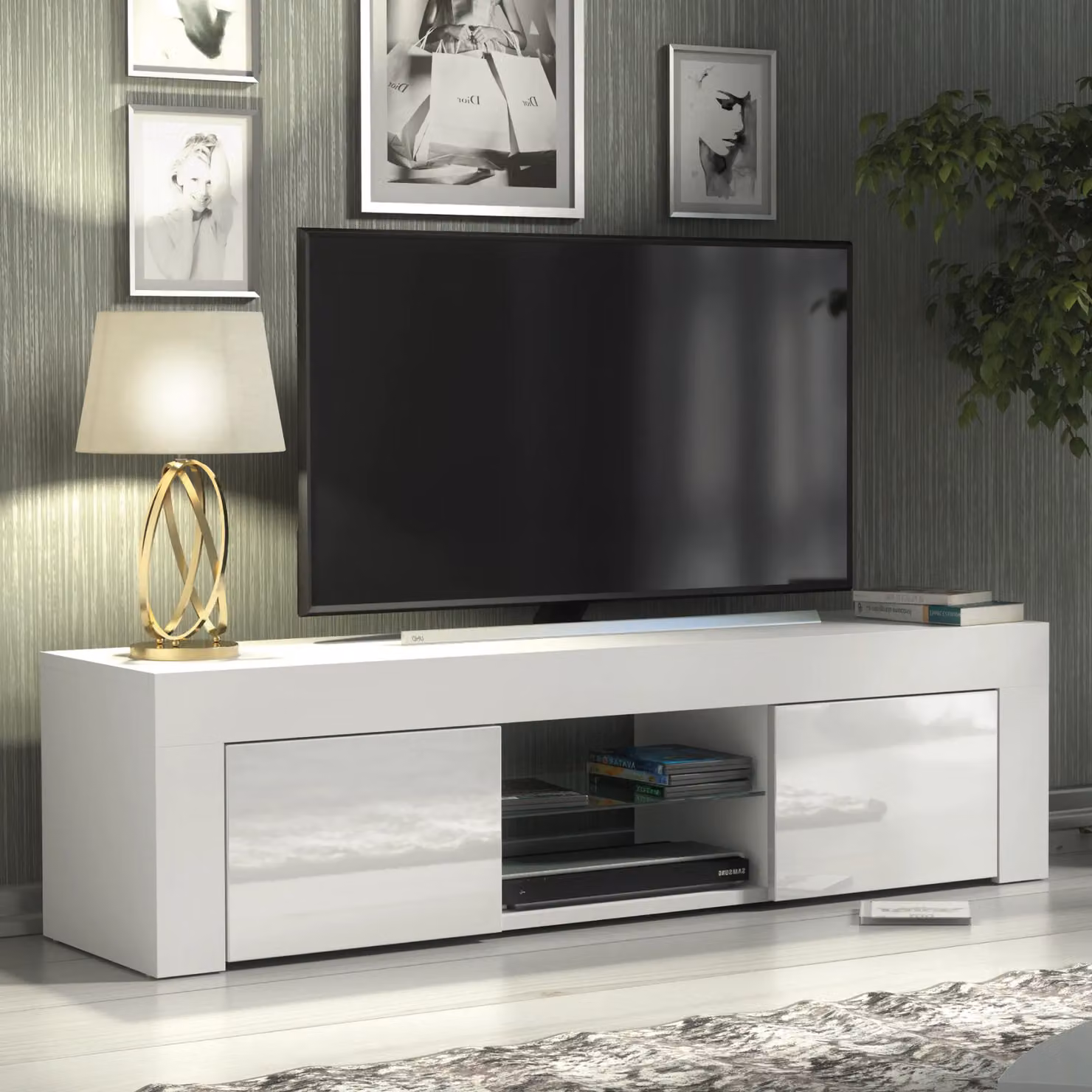 Creative Furniture Loom TV Unit in White with Glossy Doors, W: 130 cm, D: 35 cm, H: 35 cm – 4
