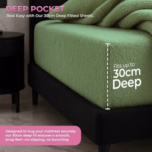 Snug City Green Teddy Fleece Extra Deep Fitted Sheet, King Size, W/D/H: 180 x 200 x 30 cm – 3