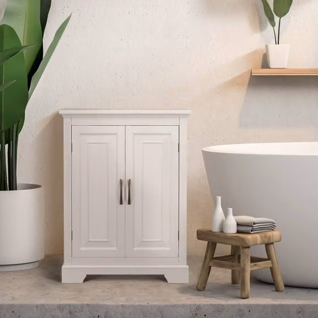 Teamson Home St. James Freestanding Two-Door Bathroom Floor Cabinet in White with Bronze Handles and Adjustable Shelves, W/D/H: 60.96 x 31.75 x 81.28 cm