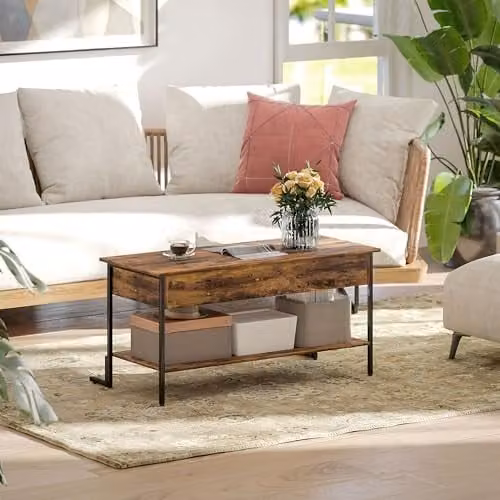 HOMCOM Industrial Lift Top Coffee Table with Storage Shelf in Rustic Brown and Black – 7
