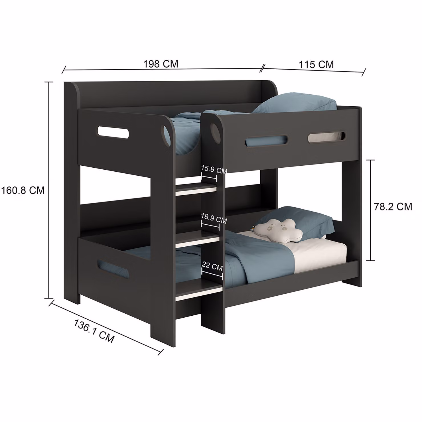 Kudl Modern Two-Tier Childrens Bunk Bed with Side Storage Shelves in Anthracite Grey – 2