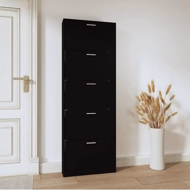 Berkfield Home Modern Black Shoe Cabinet with Tilting Compartments and Internal Drawers, W/D/H: 59 x 17 x 169 cm