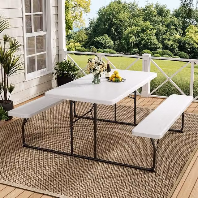 Lifeideas Modern White Foldable Garden Table and Bench Set with Height Adjustable Folding Top