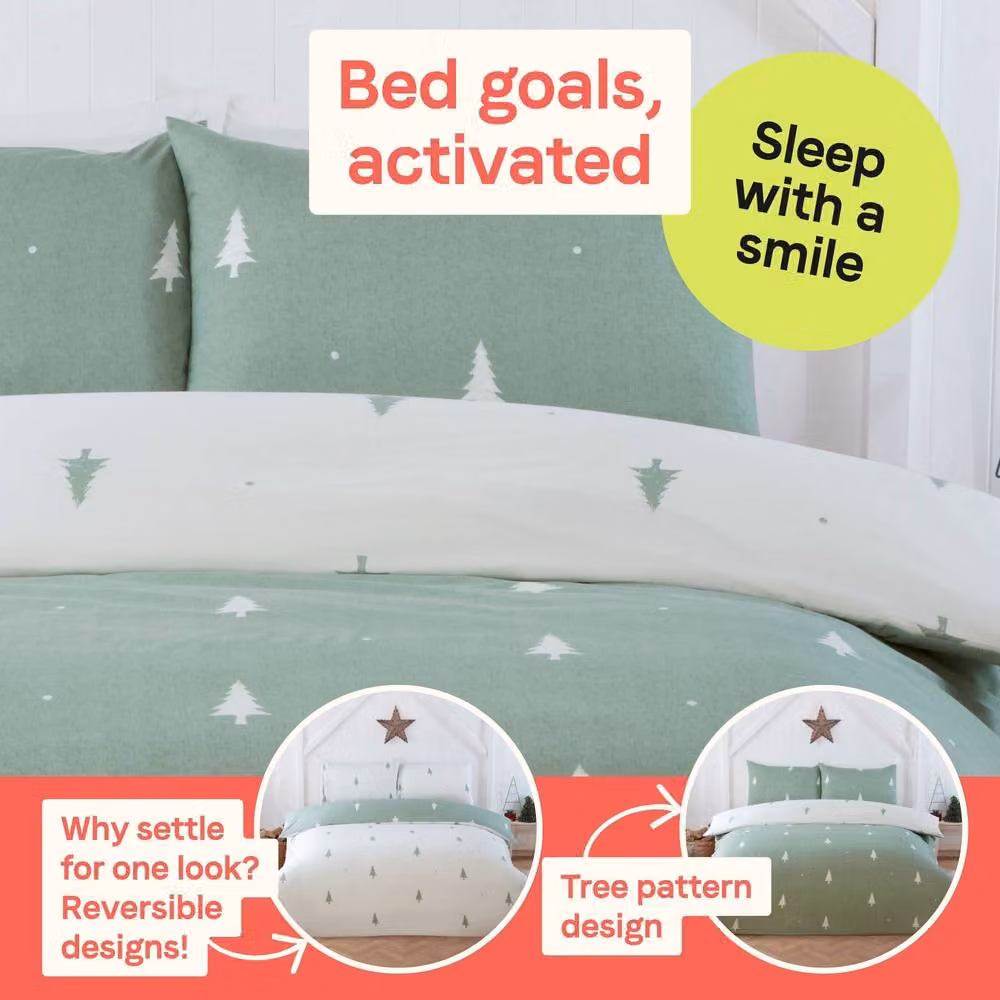 Rapport Home Reversible Christmas Microfibre Duvet Cover and Pillowcase Set in Green and White, W/D/H: 220 x 230 cm – 3
