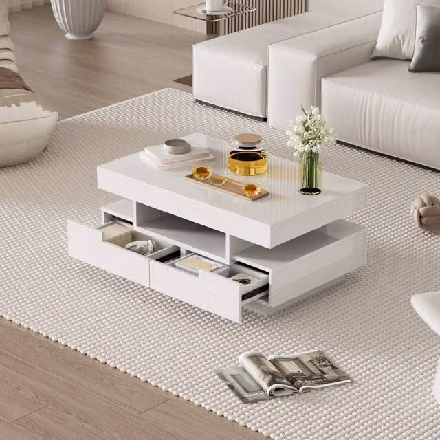 Merax White High-Gloss Rectangular Coffee Table with 4 Drawers, W: 80 cm, D: 50 cm, H: 36 cm – 1