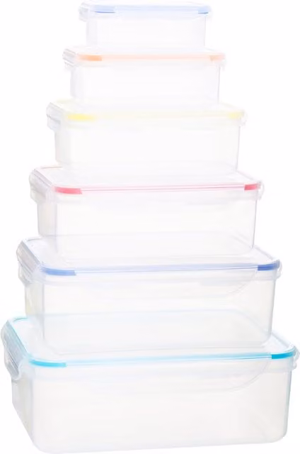 Orsina Set of 6 Rectangular Plastic Food Containers with Airtight Leakproof Lids, Transparent and Multicolour, Microwave Safe