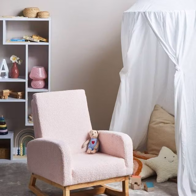 Wyld Haus Kids Rocking Chair in Pink Bouclé Fabric with Armrests and Solid Rubberwood Frame