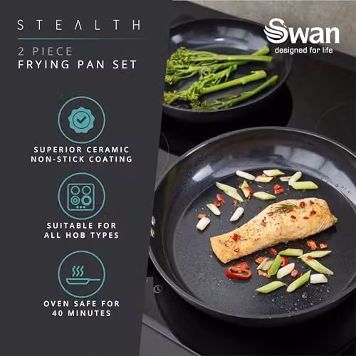 Swan Stealth 2 Piece Forged Aluminium Frying Pan Set with Toxin Free Ceramic Coating in Black, Induction Compatible – 4