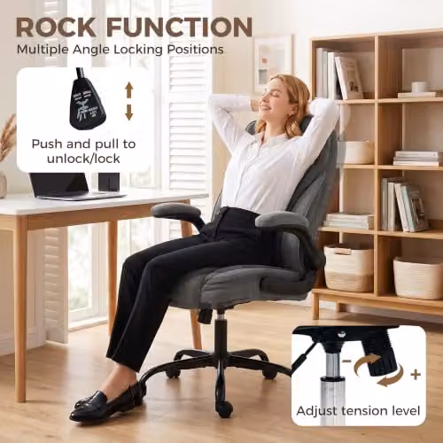 HOMCOM Grey Fabric Executive Office Chair with Flip-up Armrests and Swivel Function – 6