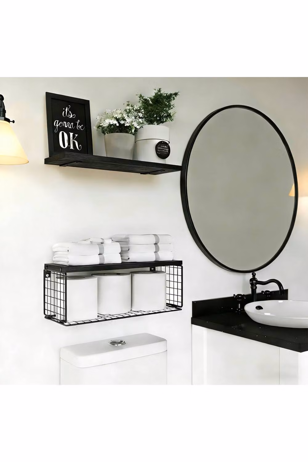 Living and Home 3-Tier Wall-Mounted Floating Shelves with Wire Storage Basket in Matt Black – 3