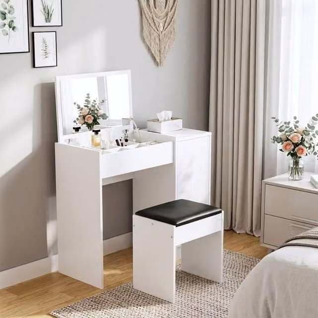 STILVORA Modern Dressing Table with Mirror and Stool in White