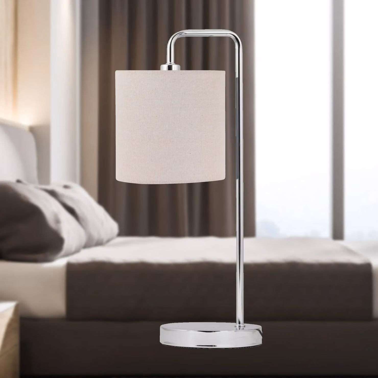 First Choice Lighting Chrome Arched Table Lamp with Beige Linen Shade in Silver – 3