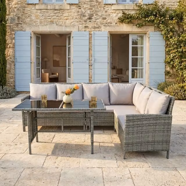 Home Garden Direct Alia Grey Rattan 6 Seater Corner Dining Set with Glass Top