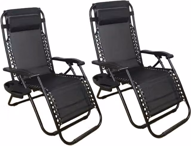 Shatchi Set of 2 Black Zero Gravity Recliner Chairs with Cup Holders and Textilene Fabric