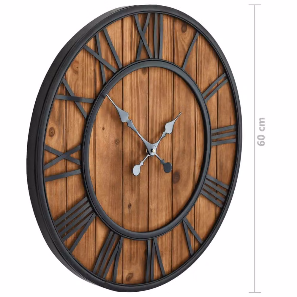 Berkfield Home Vintage Round Wall Clock with Quartz Movement in Brown Wood and Metal, Diameter: 60 cm – 5