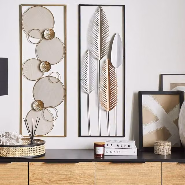 Wyld and Coco Modern Rectangular Metal Feather Wall Art in Silver and Gold