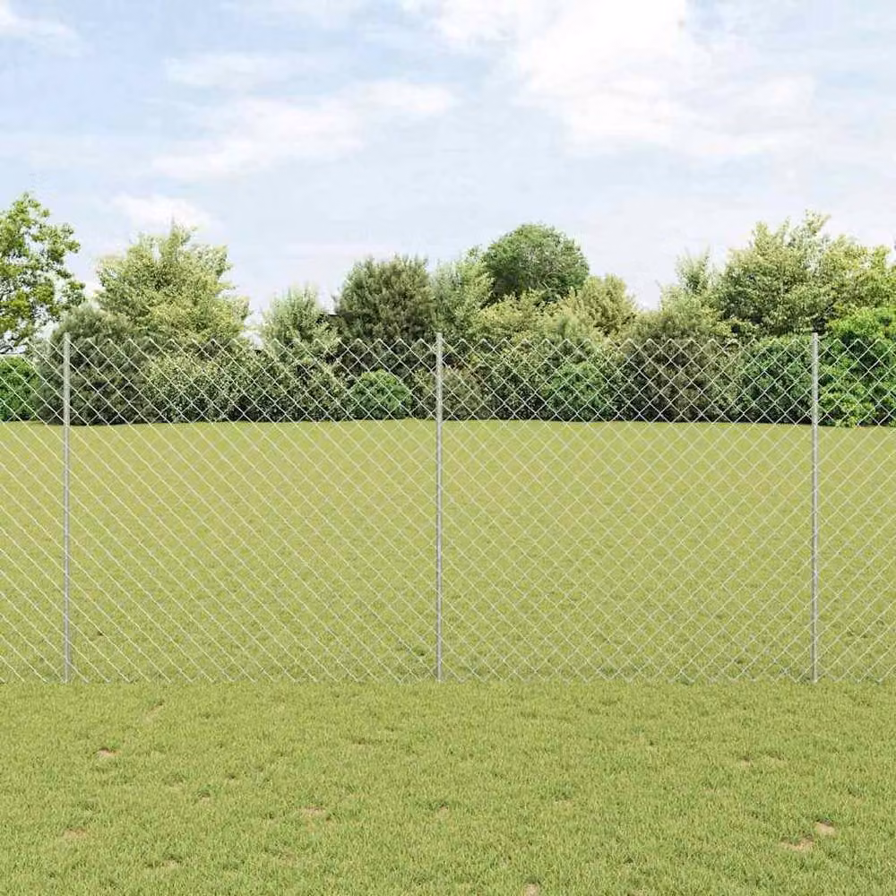 vidaXL Modern Silver Steel Chain Link Fence with 20 U-Posts, W: 10 m, H: 1.4 m – 2