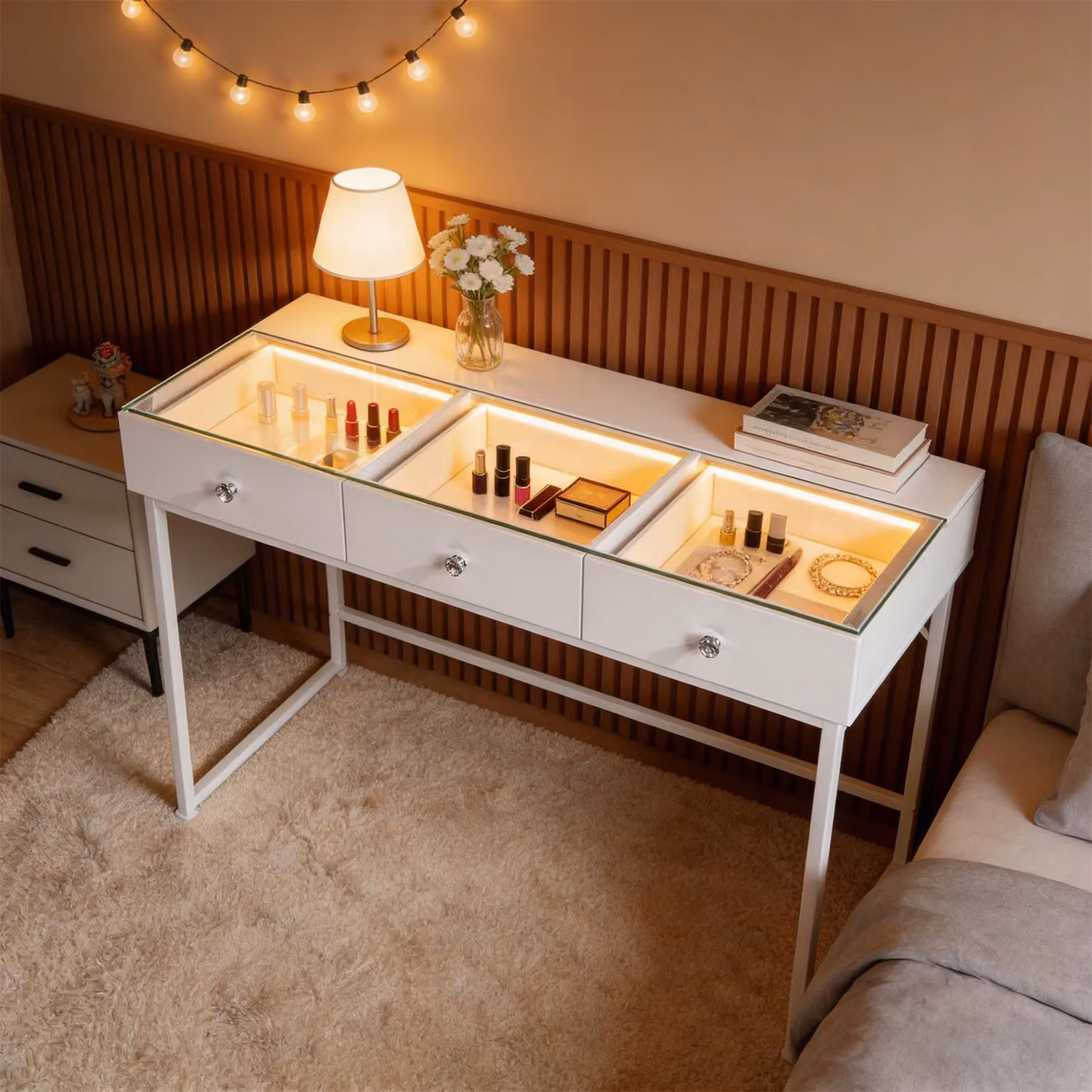 FENCHILIN 3-Drawer Vanity Dressing Table with LED Lights, White, W/D/H: 115 x 55 x 81 cm – 2
