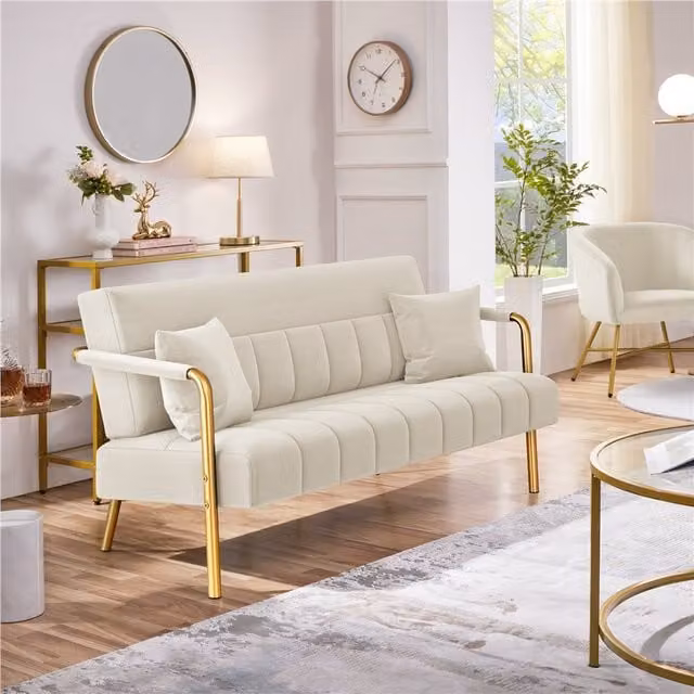 Yaheetech Modern Beige Velvet Upholstered Sofa with Gold Metal and Wood Frame