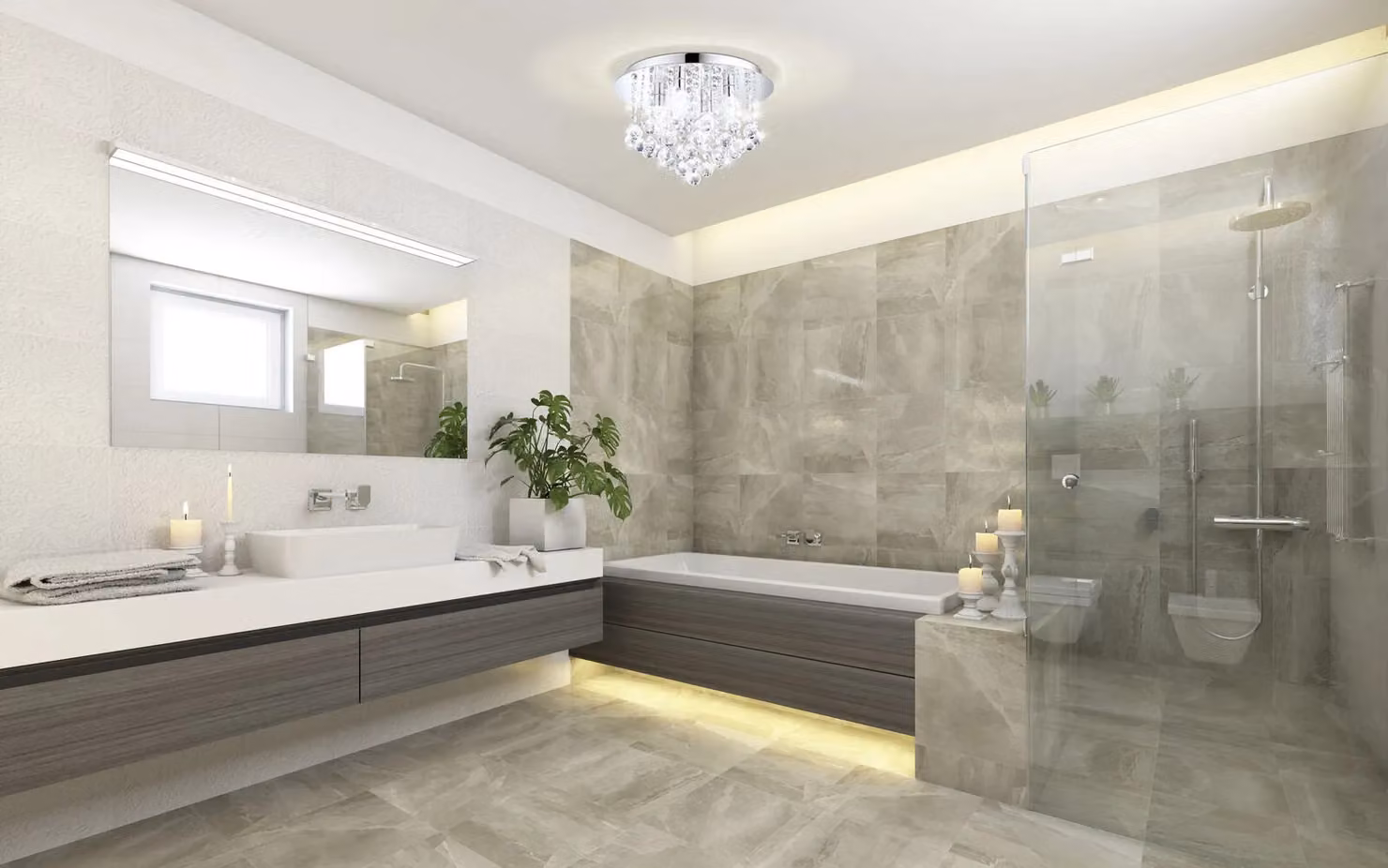 Loops Chrome and Crystal IP44 Bathroom Lighting Set Including Low Ceiling Light and 2x Matching Wall Lights – 2