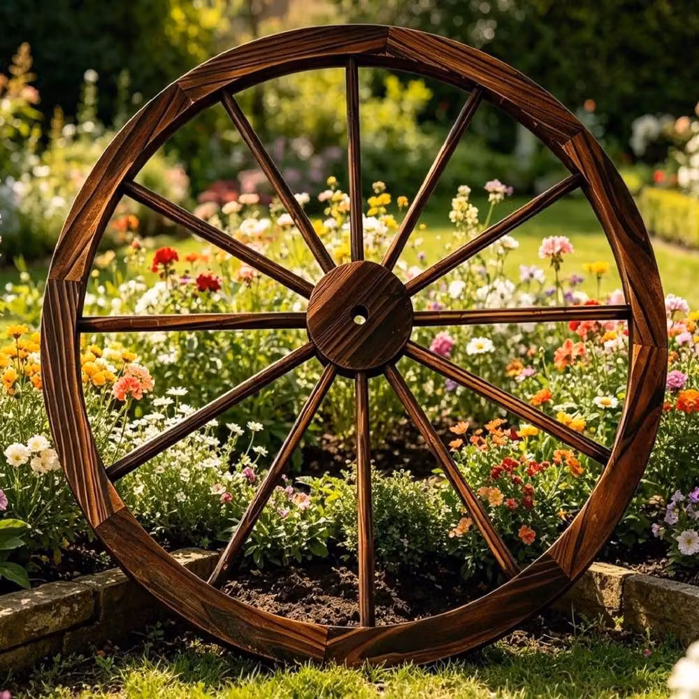 Nordara Wooden Wagon Wheel Burnt Fir Wall Decoration in Brown, Diameter: 90 cm – 2