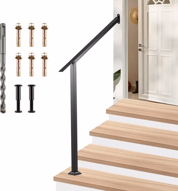COSTWAY Wall Mounted 4 Step Stair Handrail in Black