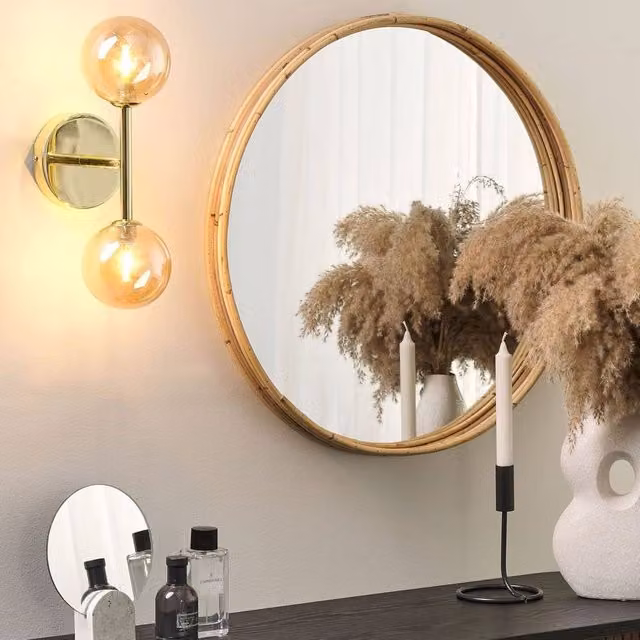 Wyld and Coco Modern Gold and Brass Steel Wall Lamp with Two Transparent Glass Sphere Shades