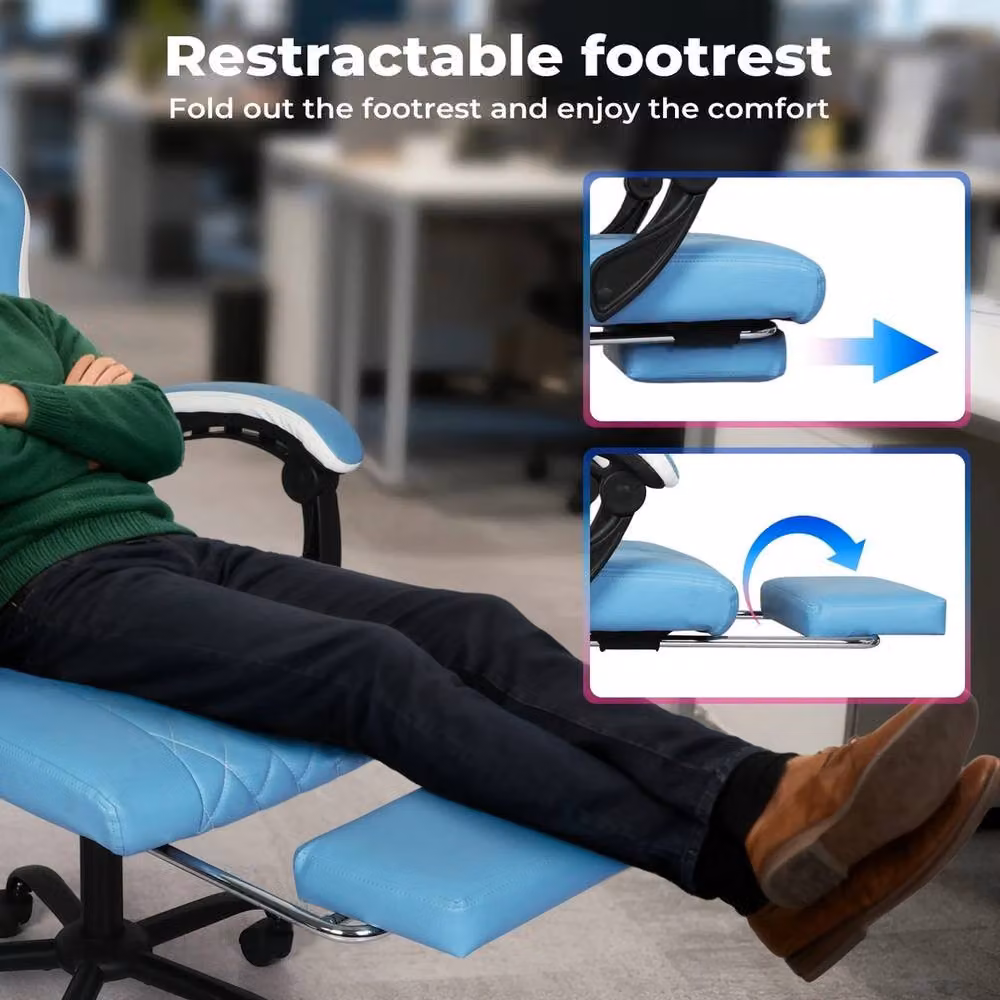 VOGREX Blue Adjustable Swivel PU Gaming Office Recliner Chair – 5
