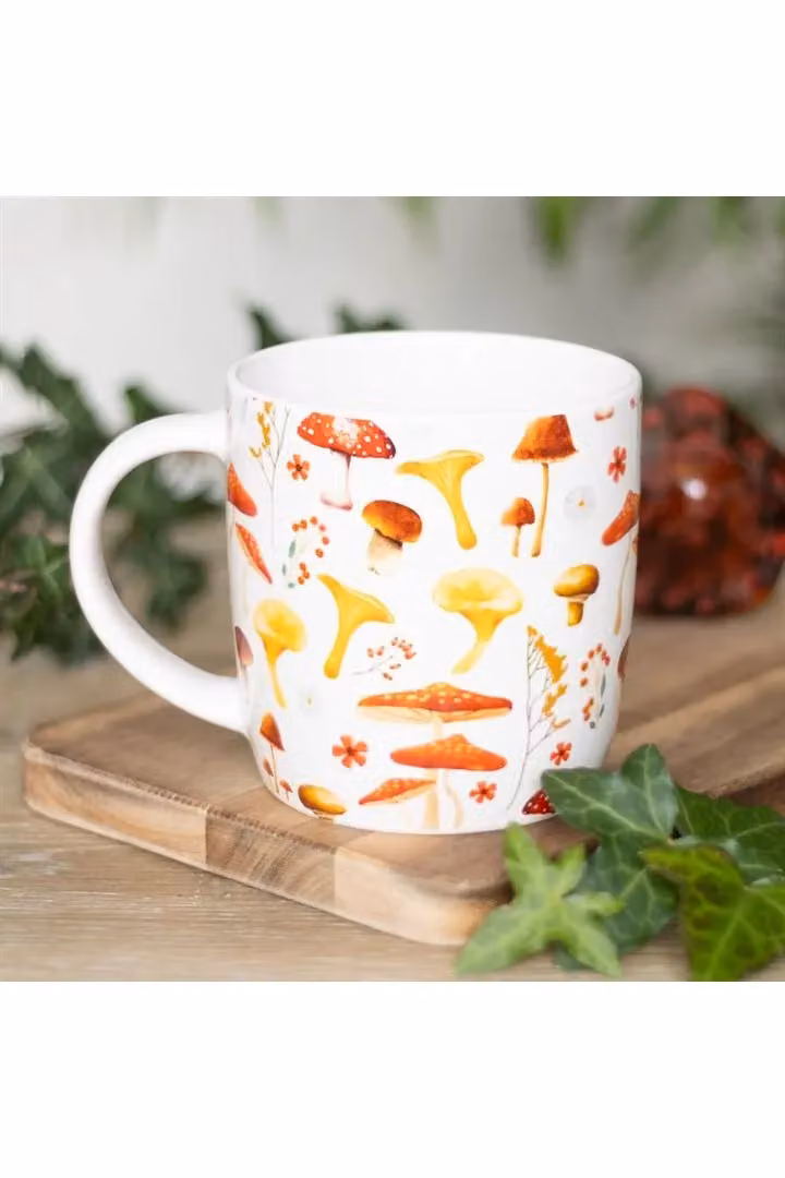 KDMD Ceramic Mushroom Print Mug in Cream and Red with White Floral Design, 360 ml – 2