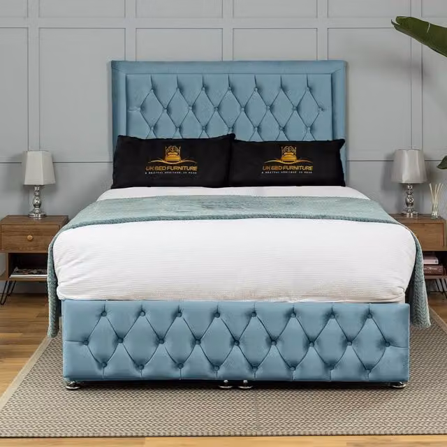 UK Bed Furniture Kingston End Lift Divan Ottoman Bed with 54 Inch Tall Headboard in Light Blue, Size: Single, W/D: 90 x 190 cm