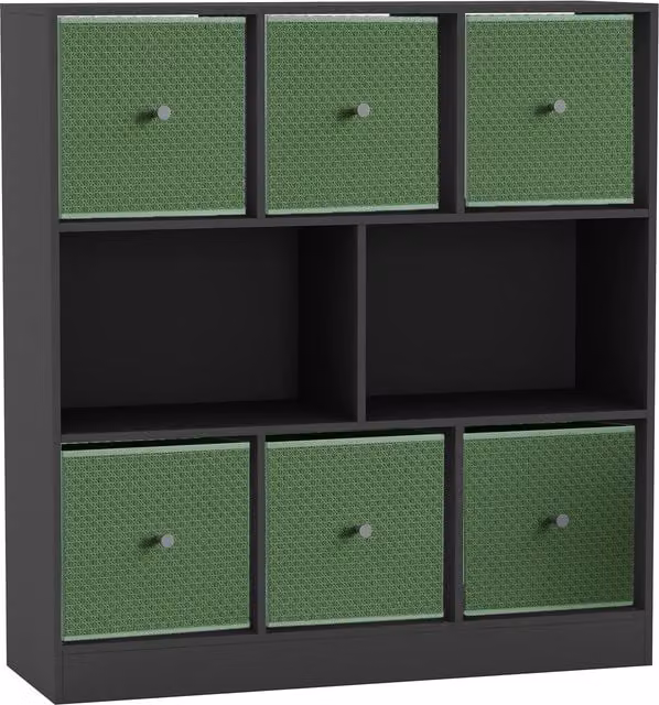 URBNLIVING 8 Cube Black Bookcase with 6 Pastel Green Fabric Storage Drawers