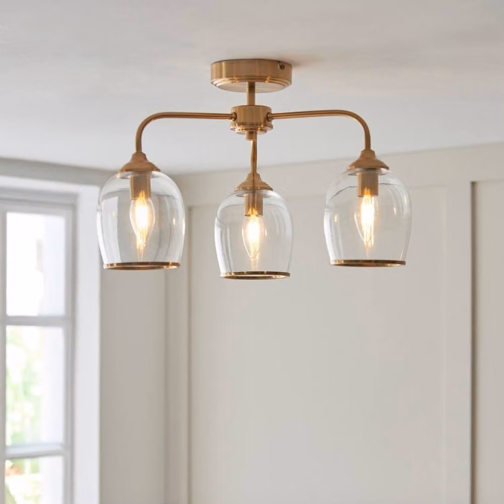 Netlighting Ashcroft Multi Arm Semi Flush Ceiling Lamp in Gold and Brass with Transparent Glass and 3x E14 Sockets – 2