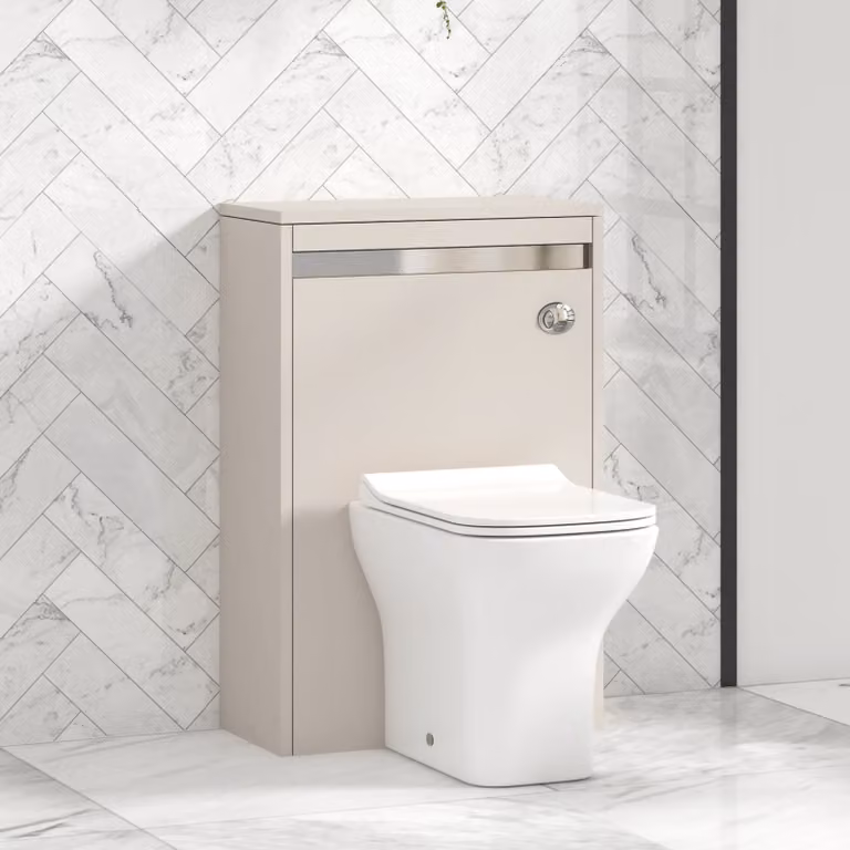 Orion Warm Taupe Wall Mounted WC Unit with Qubix Rimless Ceramic Toilet Pan, Slim Soft Close Seat and Cistern with Chrome Accent Trim