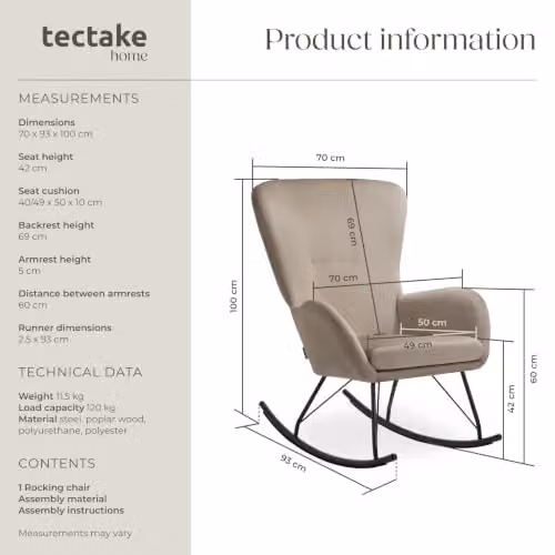 tectake Rocking Chair with Velvet-Look Fabric and Foam Padding, Modern Armchair with Metal Frame in Black and Beige – 2