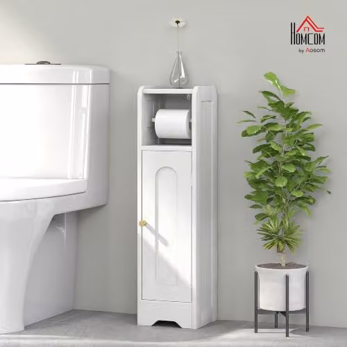 HOMCOM Small Freestanding White Bathroom Storage Cabinet with Hinged Doors and Internal Shelves – 2