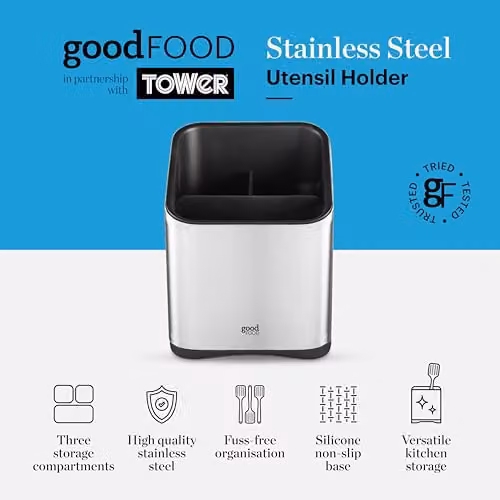 Tower GF826192 Stainless Steel Utensil Holder with Silicone Anti-Slip Base in Grey and Silver – 5