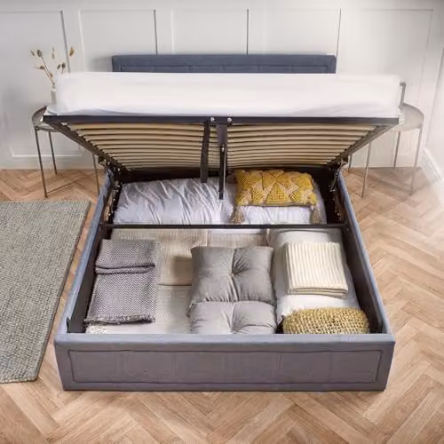 Home Treats Grey Fabric Upholstered Ottoman Small Double Bed Frame W/D/H: 120 x 200 x 88 cm – 4