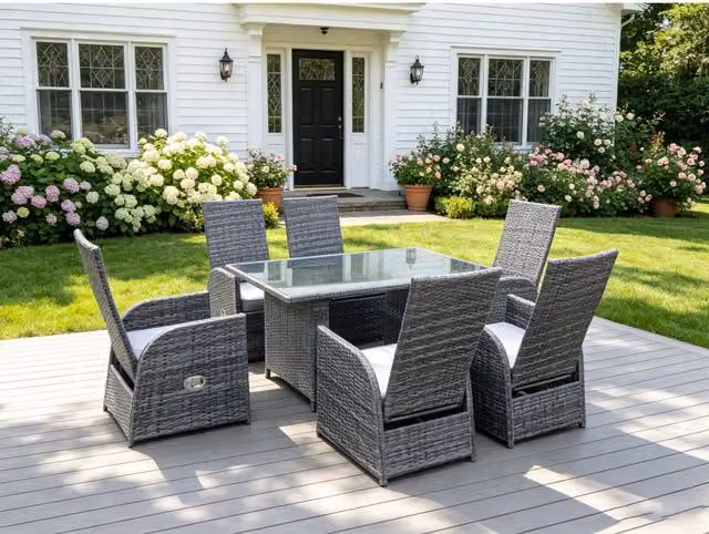 Fimous Rectangular Rattan Dining Set with Glass Top in Dark Grey